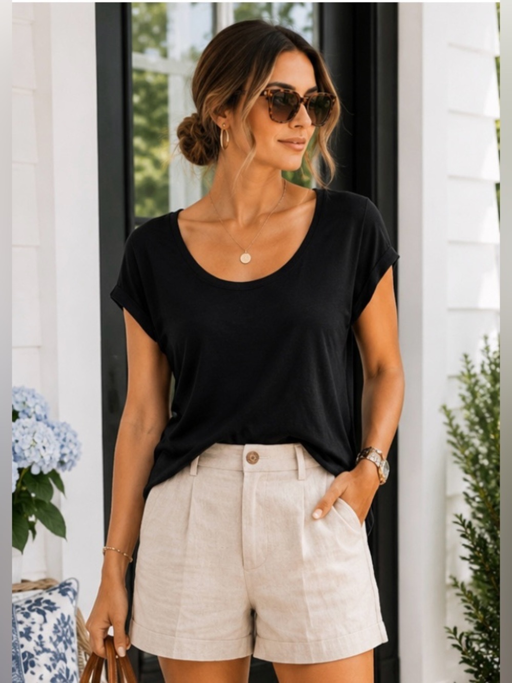Talbots Black Linen Blend Scoop Neck Coastal Chic Tee